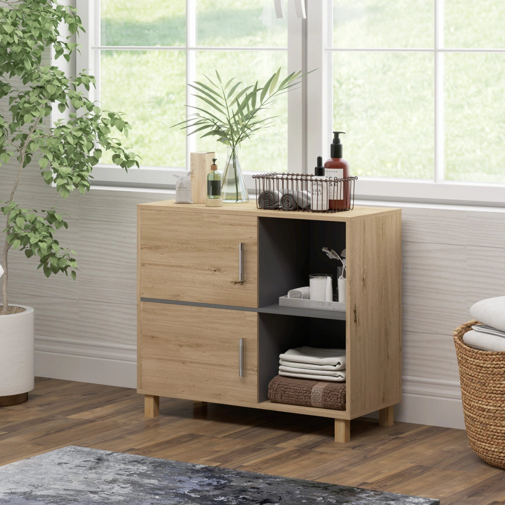 Mobile da bagno con ripiani e ante ¨C Minimal ¨C legno naturale 80x35x70