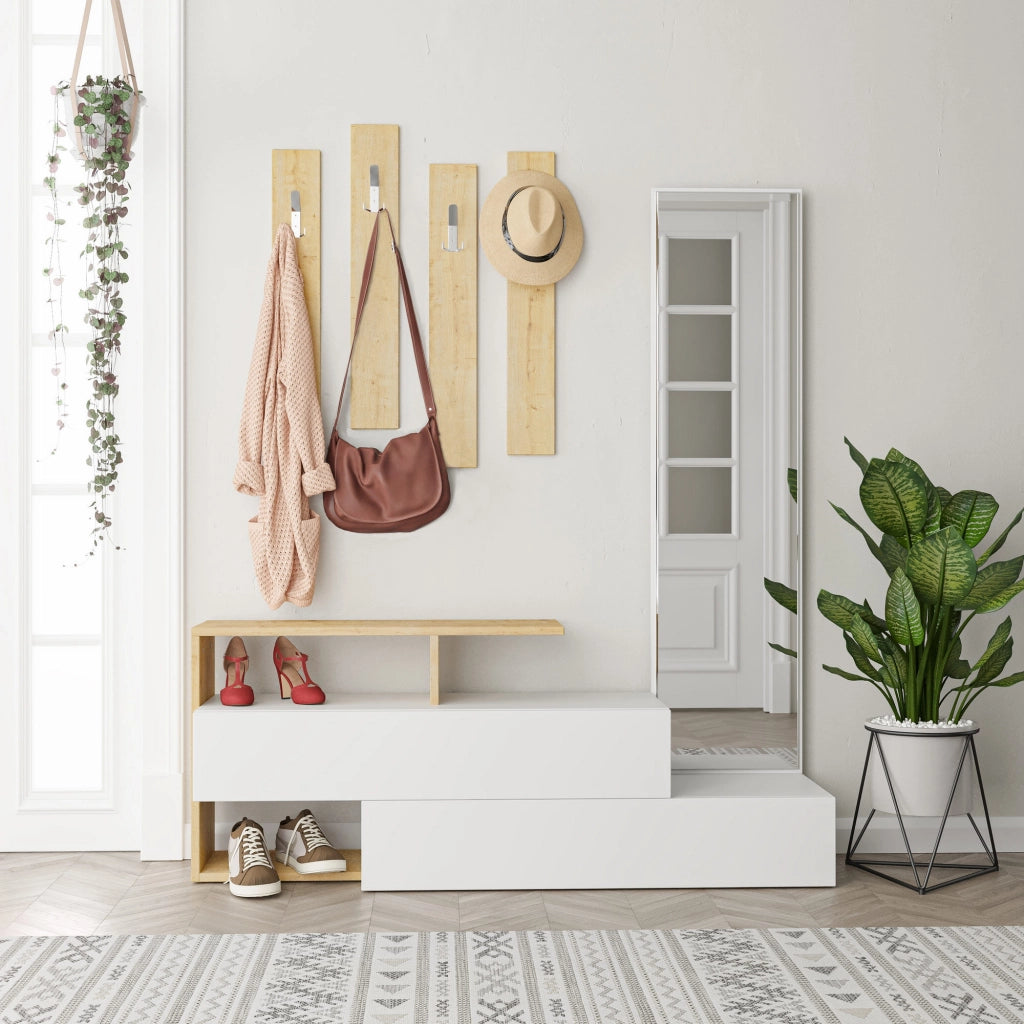 Mobile da ingresso "Ramda" con specchio in legno - 137 x 35 x 154 cm - Beige