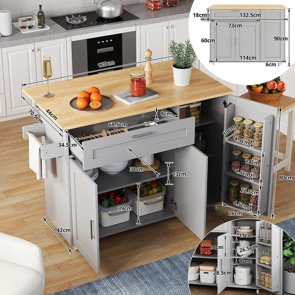 Tavolo da cucina mobile con piano ribaltabile - Xylo - 132,5x44x90 cm - Venatura quercia - Multifunzionale con scaffale spezie, porta asciugamani, 5 ruote