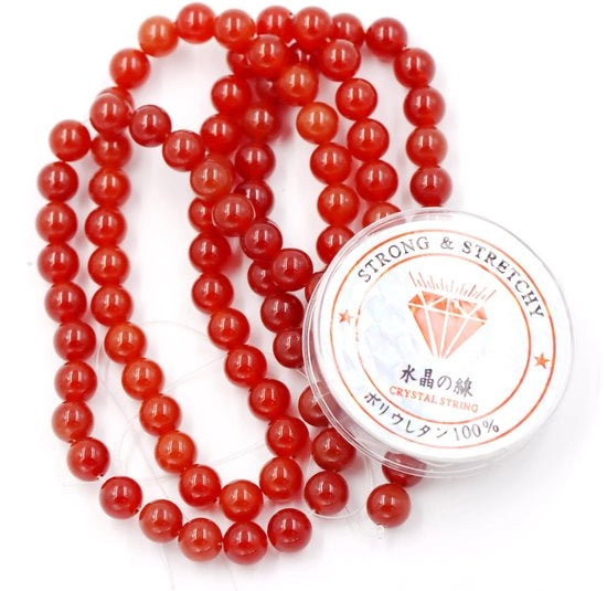 Kralen con corda per la creazione di accessori Articoli di decorazione in pietre per uso DIY Pietre energetiche per bracciali curativi 8 mm = 96 pezzi e 1 rotolo di corda Pietra di carneol rosso 8 mm
