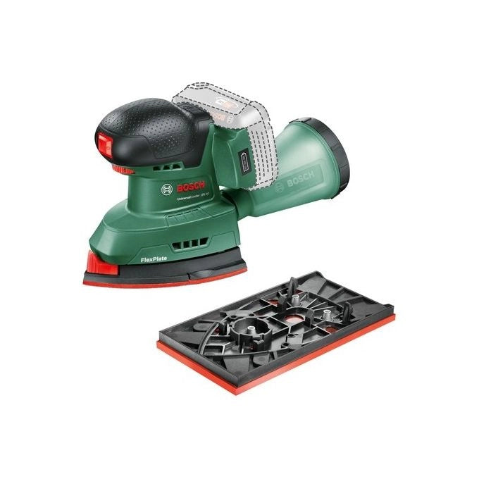 Bosch 06033E3100 UniversalSander Levigatrice orbitale a batteria 18V 12000-22000 oscillazioni-min con piastre triangolare e rettangolare colore Nero Verde