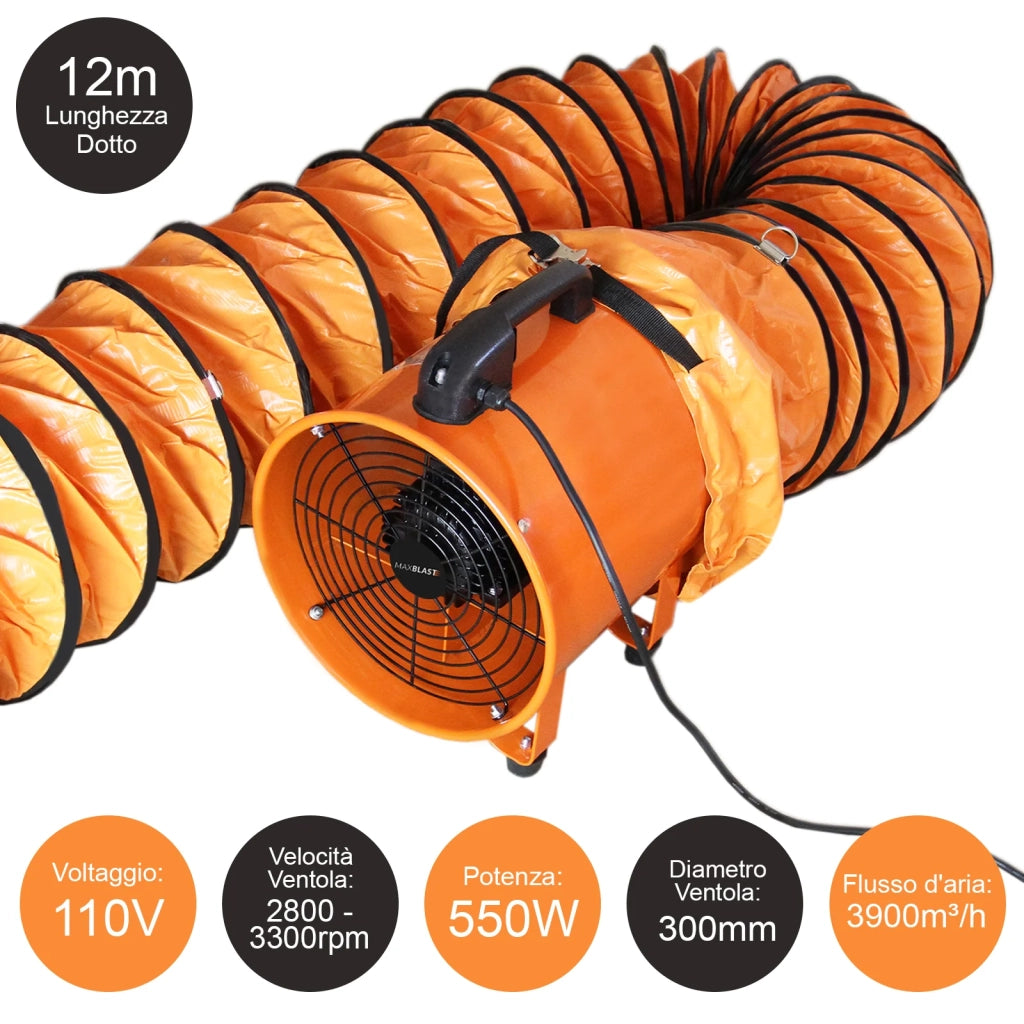 Ventilatore Estrattore Aria Industriale con Tubo Dotto Aspira Polveri e Fumo o Soffia Aria Pulita Ventola Reversibile - 300mm - Dotto 12m - 110V