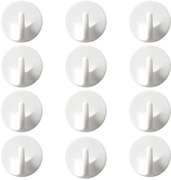 12 haken in plastica bianca, fissaggi da parete rimovibili, chiodi adesivi, appigli senza stanghetto, adatti per l'appoggio di cappelli, sciarpe e altri oggetti.