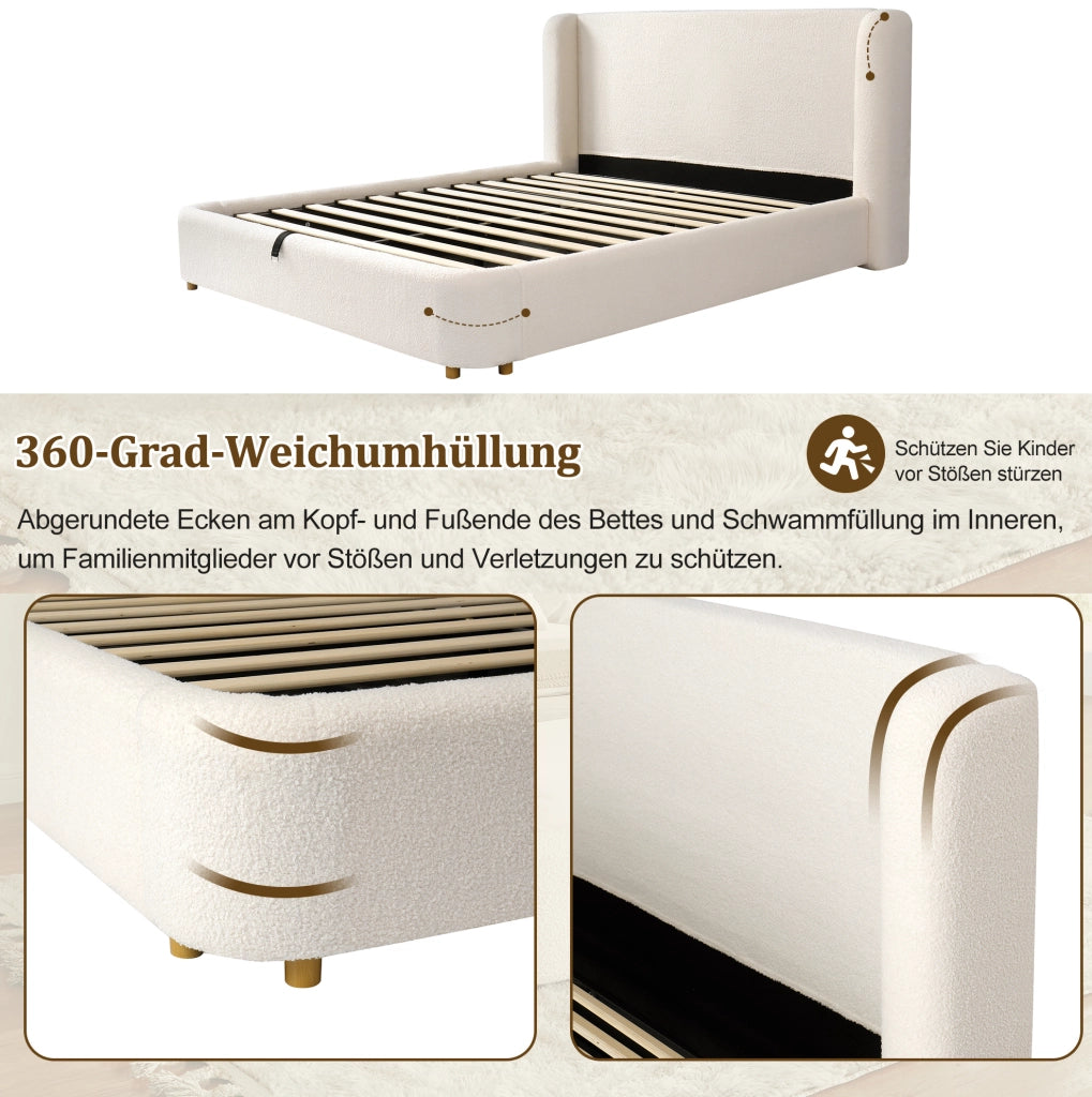 Letto imbottito con contenitore e testiera in bouclé beige
