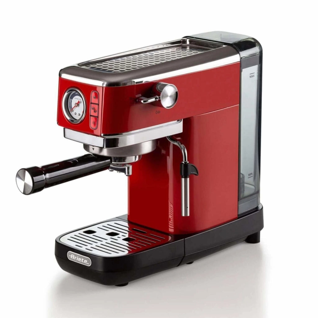 Ariete 1381 Macchina da caffè con manometro, compatibile con caffè in polvere e cialde ESE, 1300 W, Capacità 1,1 L, 15 bar di pressione, Filtro ½ tazze, Dispositivo Cappuccino, Rosso