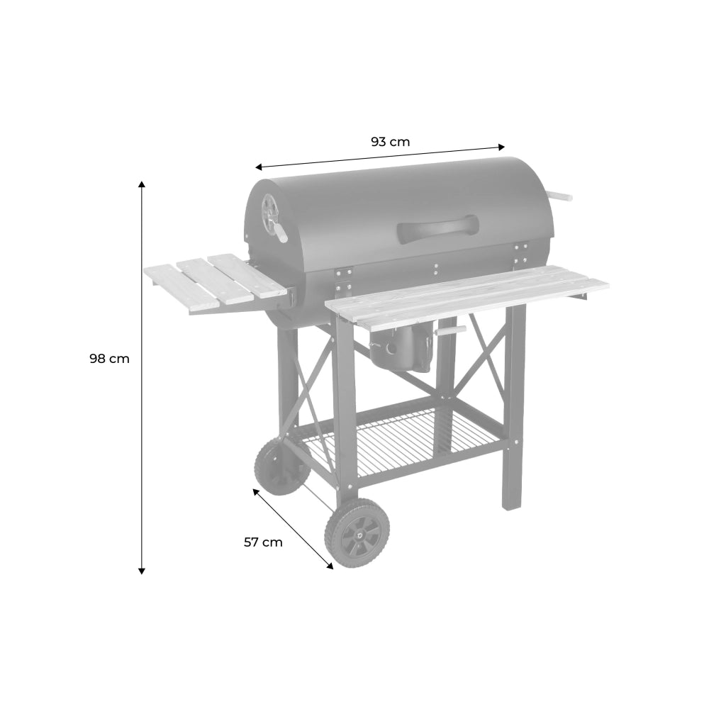Barbecue a carbone, griglia e affumicatore americano, ruote e ripiani