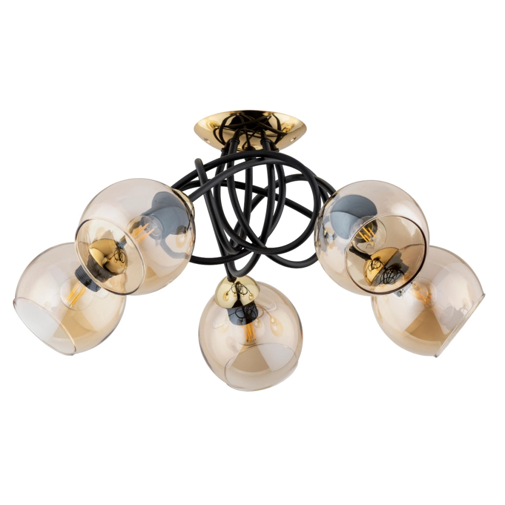Plafoniera MODENA Alfa nera oro vetro ambra 5xE27 60cm
