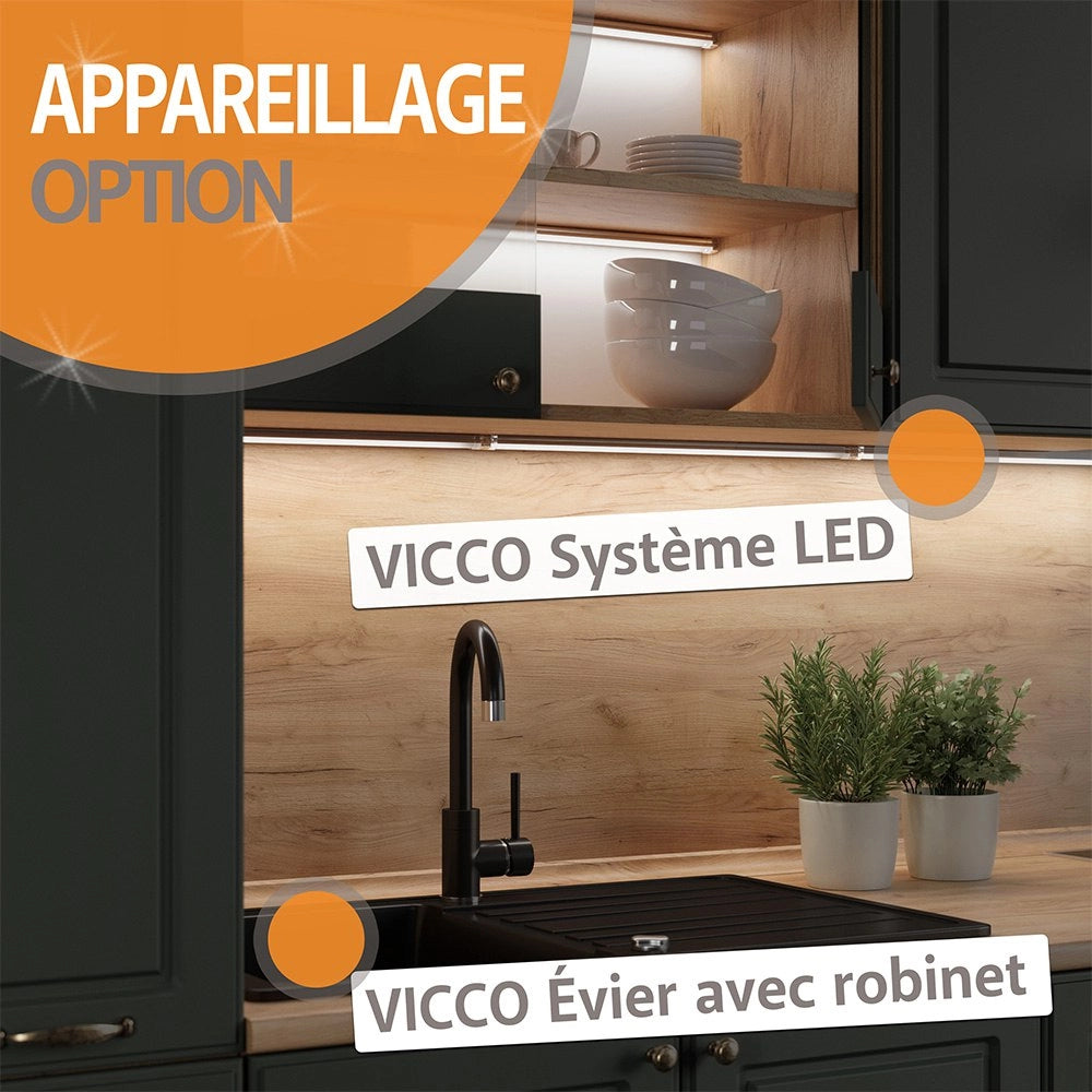 Cucina componibile R-Line Rovere artigianale/Bianco 300 cm con armadio alto, senza piano di lavoro Vicco