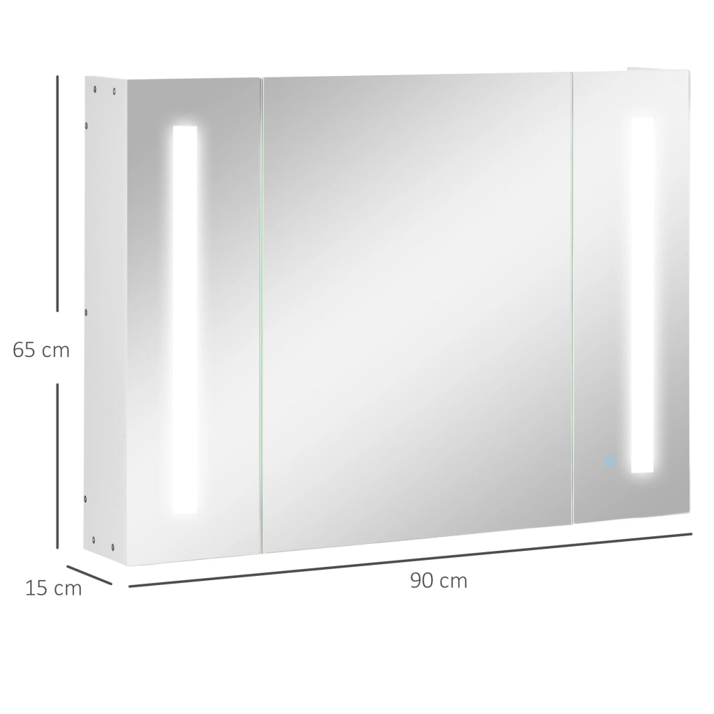 Armadietto Specchiera da Bagno con 3 Armadietti, 3 Ripiani e Luce LED, 90x15x65 cm, Bianco