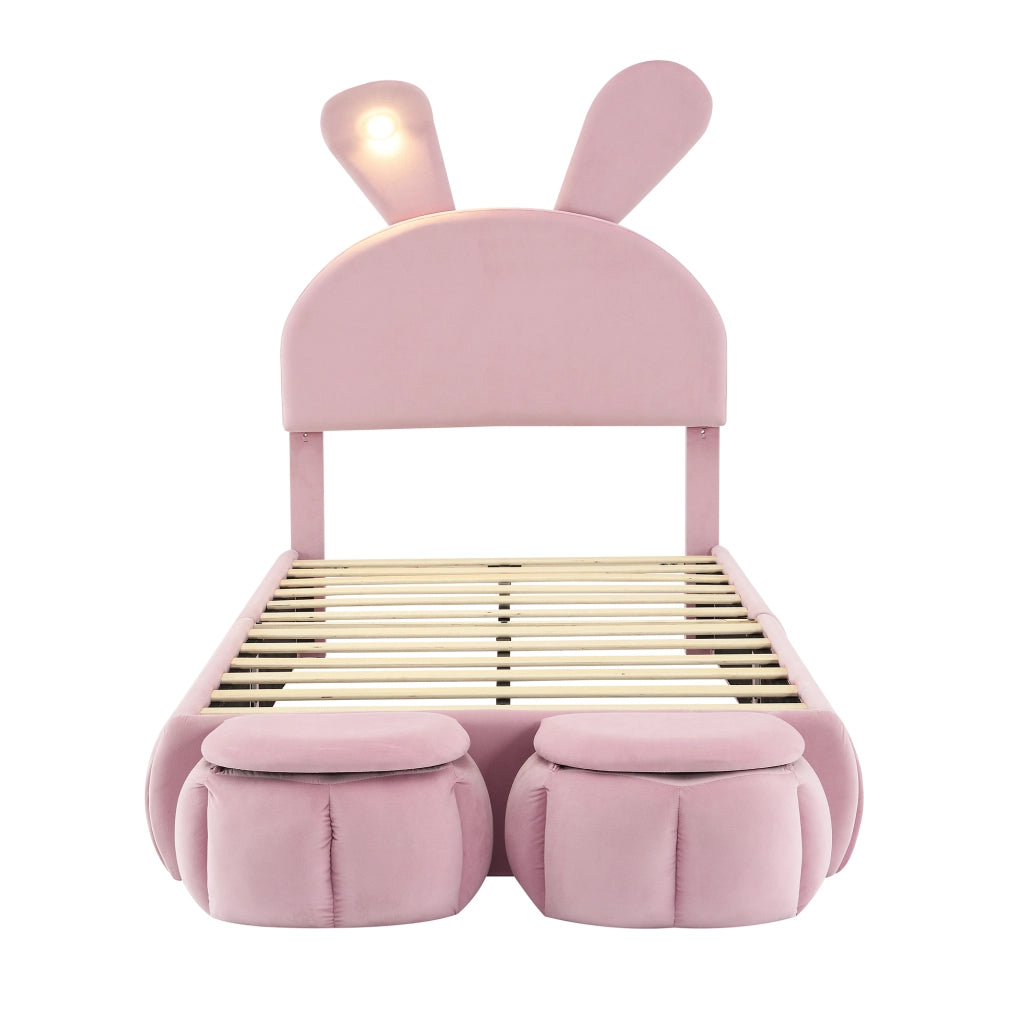 Bunny Kids Bed;90x200 cm;with adjustable LED lights;stools;pink velvet