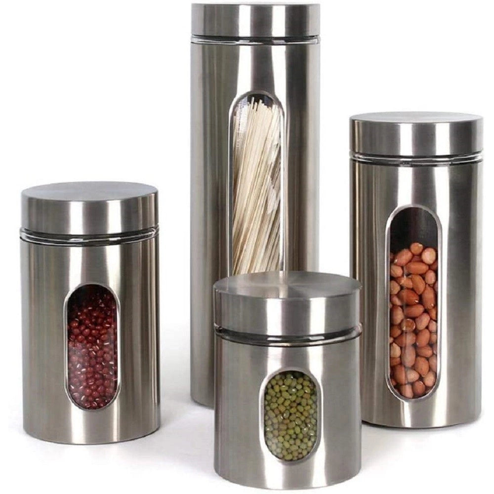 Trade Shop - Set 4pz Contenitori Per Alimenti In Acciaio Per Tè Caffè Spezie Biscotti Zucchero -