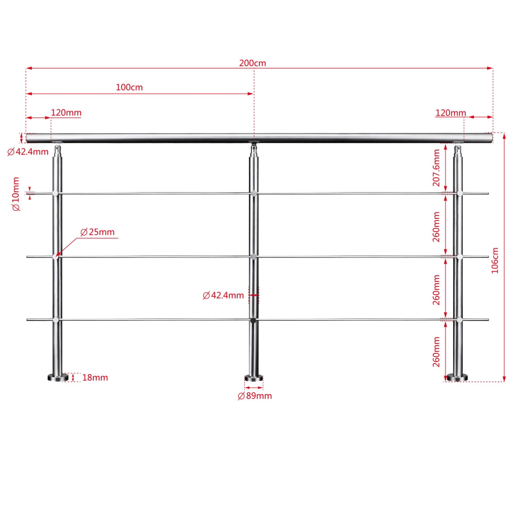 Parapetto Balaustra Corrimano in acciaio inox spazzolato 200x106cm per interni ed esterni 3 barre trasversali