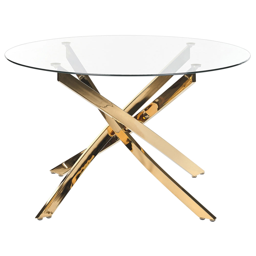 Tavolo da pranzo rotondo piano in vetro temperato gambe in oro ⌀ 120 elegante glamour