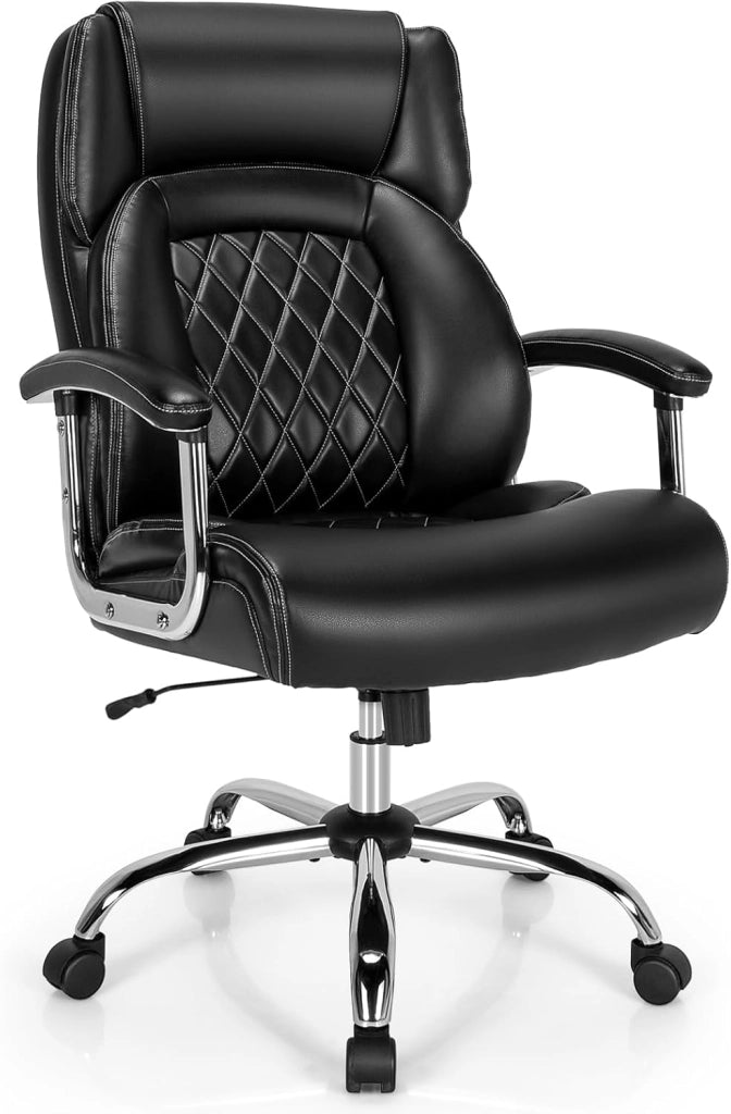 Sedia Ufficio in Pelle, Poltrona Scrivania Regolabile in Altezza, Sedia da Lavoro Girevole con Braccioli Imbottiti, con Base in Metallo, Schienale Oscillante, Portata 227 kg