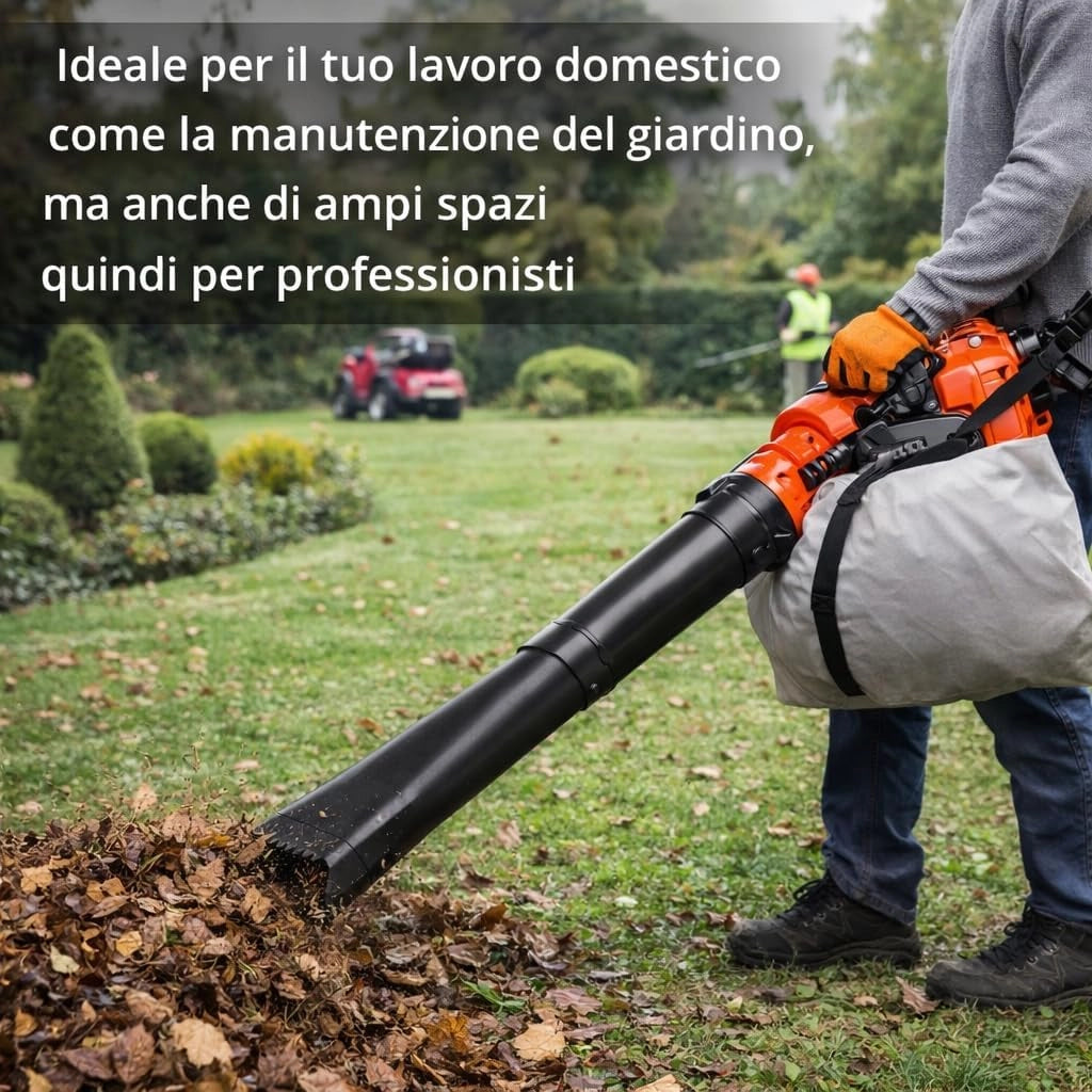 Soffiatore a Scoppio 2 Tempi 25,4 cc, con funzione Aspiratore, Compatto e Leggero, Doppio Tubo Incluso, Sacco Raccolta 50L Omaggio, Kit Accessori e Manutenzione, Ideale per Foglie e Giardino.
