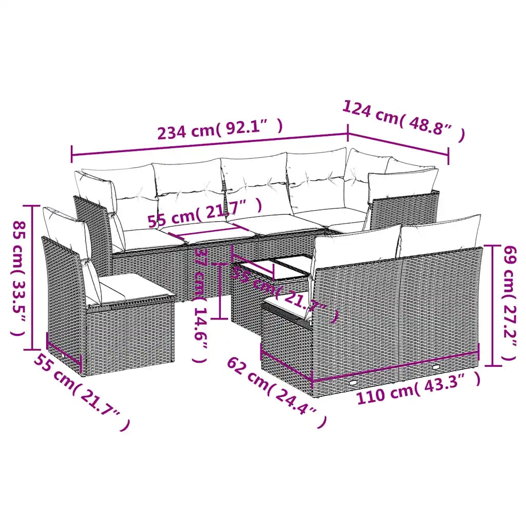 Set Divani da Giardino 9pz con Cuscini Marrone in Polyrattan 3249612