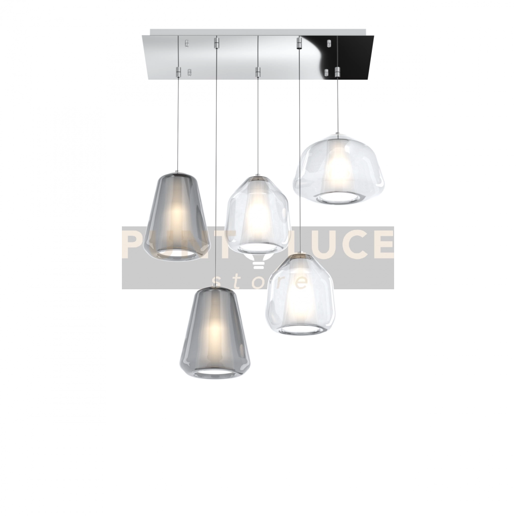 SOSPENSIONE CROMO 5 LUCI RETTANGOLARE VETRI (ALPHA TR) (BETA 2X TR) (GAMMA 2X FU) 1176CR-S5 R ABG-TF