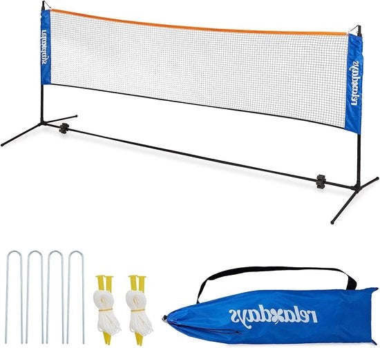 Rete da badminton estensibile fino a 225 cm per volleybal di spiaggia e parco - nero/blu con pali e sacchetto