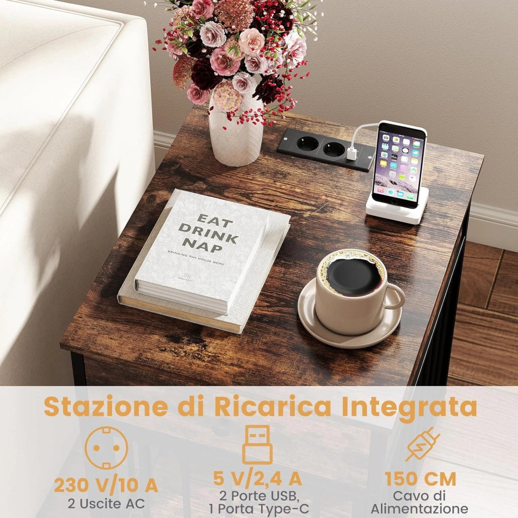 Gabbia per Cani 81 x 37 x 115 cm con 2 Prese AC, 2 Porte Usb e 1 Porta Type-C, Cuccia per Cani in Legno con Stazione di Ricarica, Cassetto e Tubi Metallici, Armadietto Multiuso