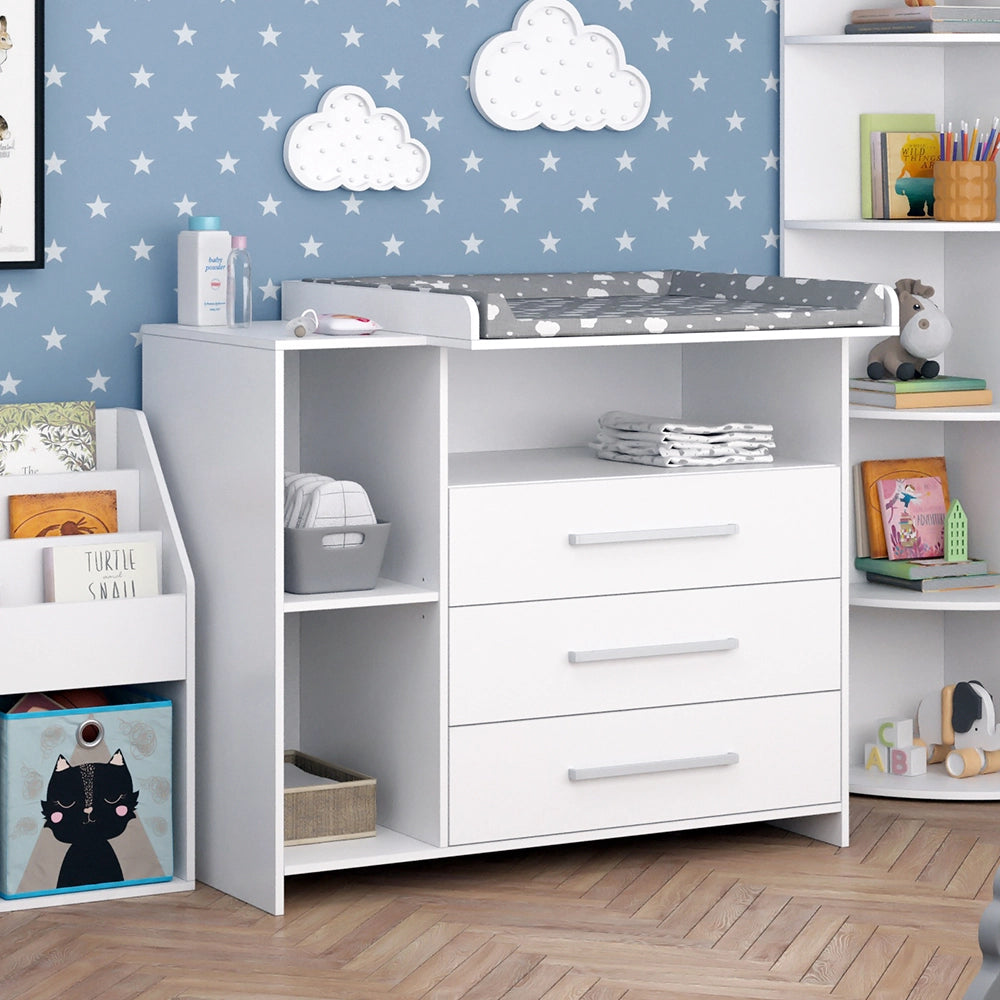 Vicco Set di mobili per bambini Bianco 3 parti, con fasciatoio, scaffale per giocattoli e libreria