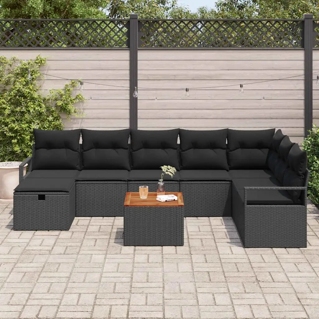 Set Divano da Giardino con cuscino 9 pcs Nero Poly Rattan