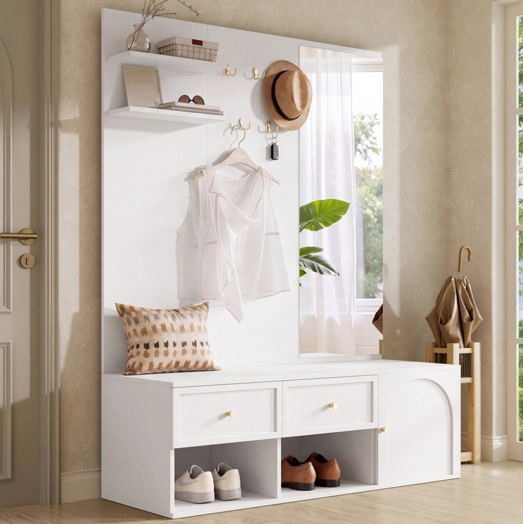 Set guardaroba da ingresso bianco con specchio e 5 ganci, 120 cm
