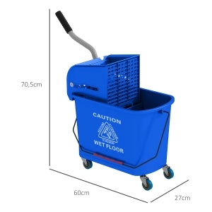 Secchio lavapavimenti con strizzatore 20 litri; due scomparti e quattro ruote; in plastica blu