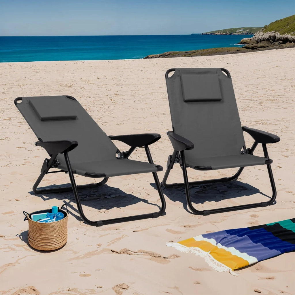 IDMarket - Set di 2 sedie da spiaggia pieghevoli - zaino grigio antracite e poltrone da giardino reclinabili in tela grigia