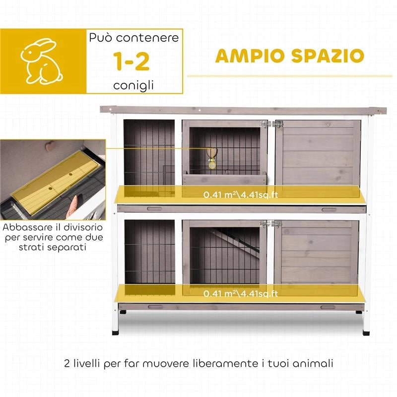 CONIGLIERA IN LEGNO A 2 LIVELLI CON TETTO APRIBILE, MANGIATOIA E VASSOI ESTRAIBILI, 122X50X101 CM, MARRONE