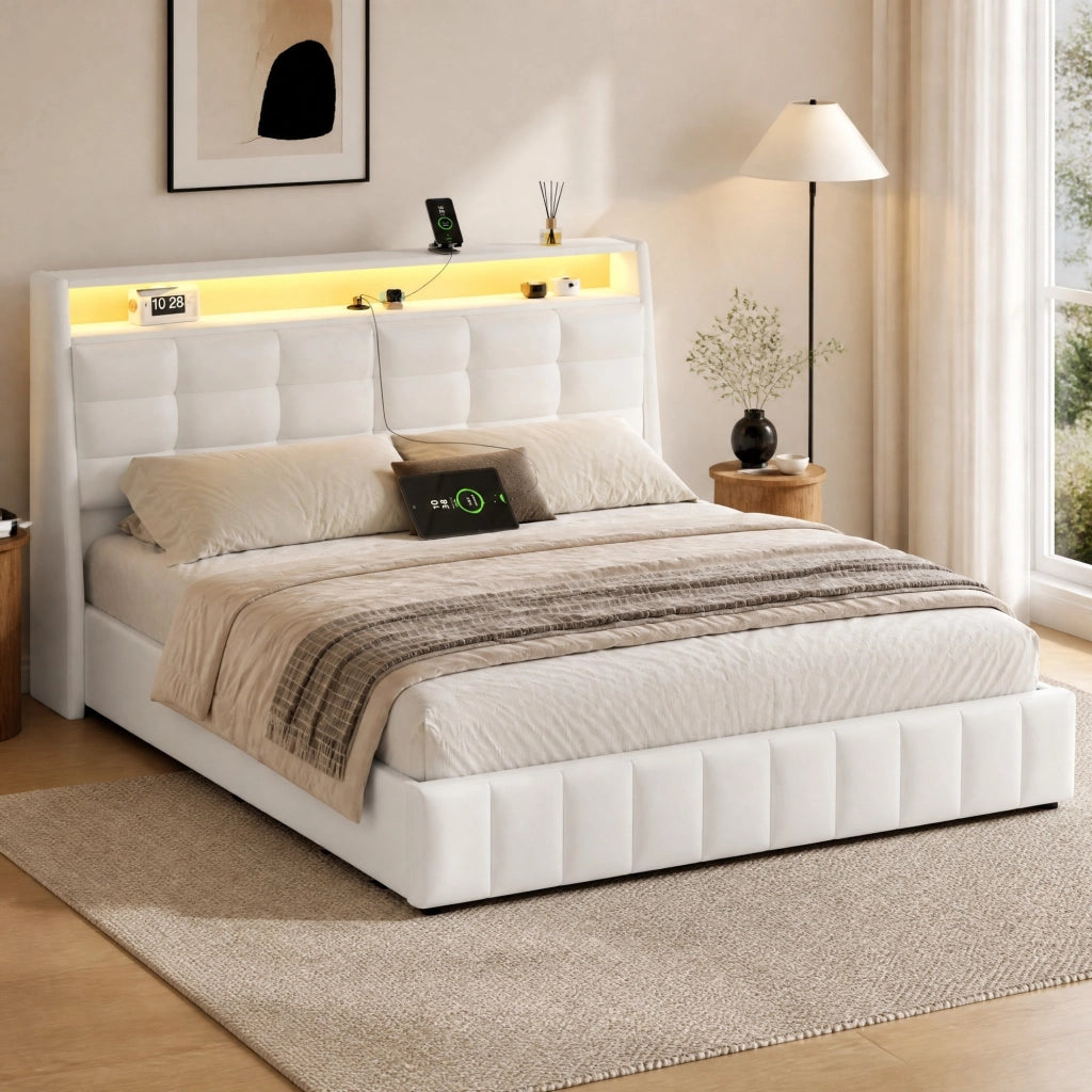Letto piattaforma 160x200 con LED, USB e spazio contenitivo