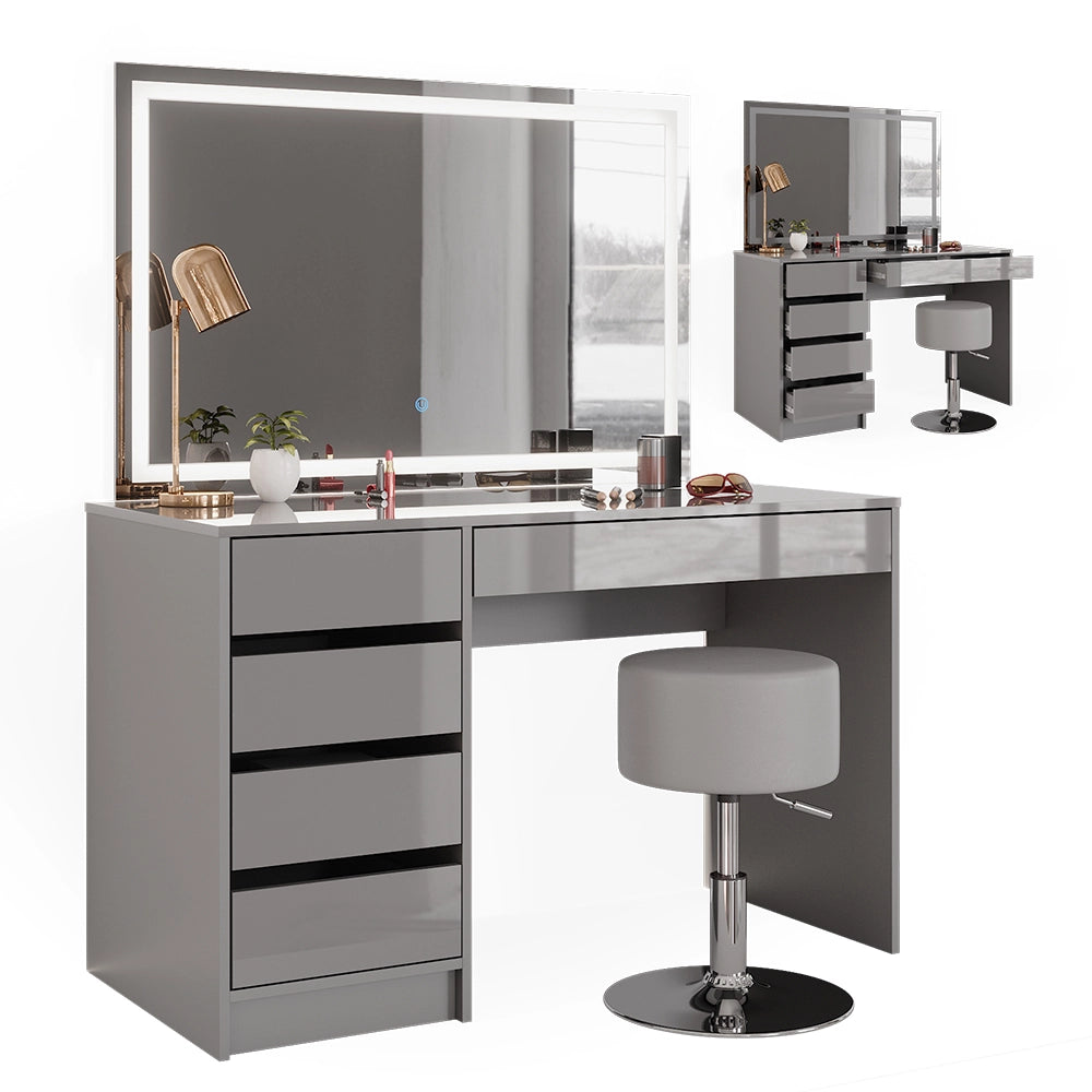 Vicco Tavolo da toeletta Grigio 55 cm con specchio LED e sgabello