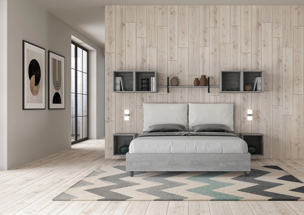 BS COM Letto matrimoniale con rete 160x200 Cemento cuscini similpelle bianco