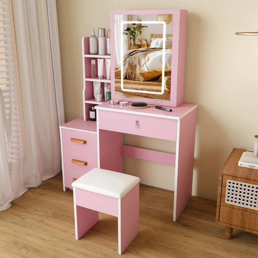 Toeletta con sgabello e specchio LED a 3 modalità in MDF rosa