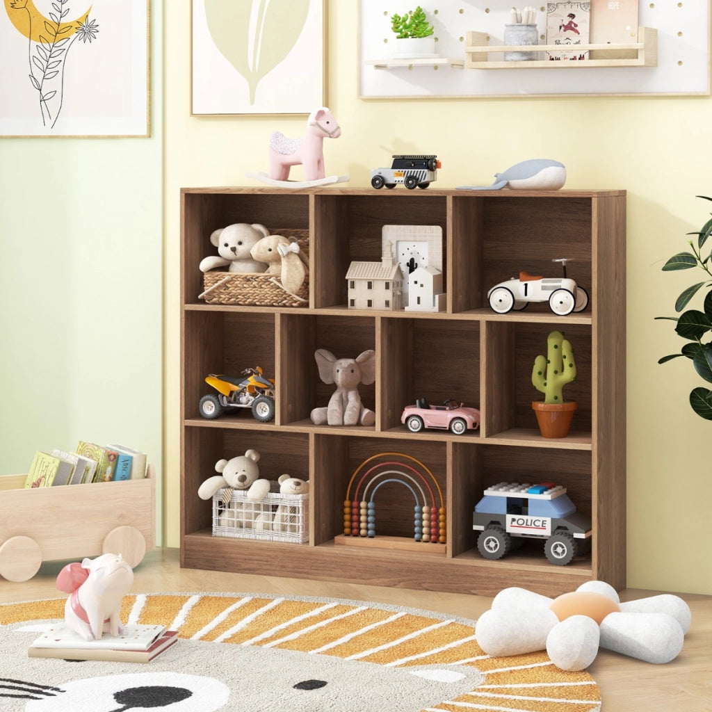 Libreria a 10 cubi con 2 kit anti-ribaltamento, Organizzatore di stoccaggio a 3 ripiani in legno alto 104cm Naturale