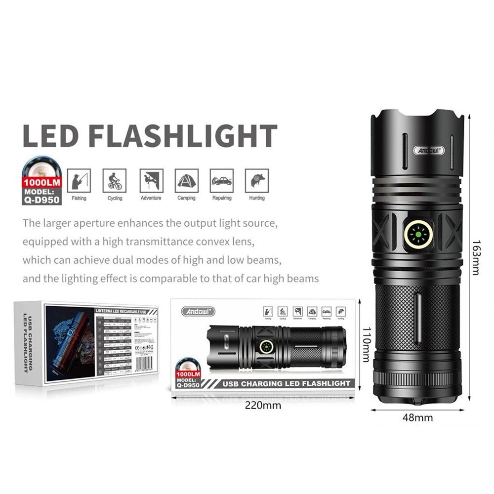 Trade Shop - Torcia Led Ricaricabile Usb Q-d950 Ipx6 Con Luminosità Massima 1000 Lm Per Campeggio Pesca -
