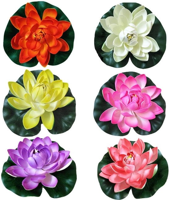 Fiori galleggianti 6 pezzi - Rose artificiali zero 0 - EVA - Decorazione per acquario/bacino - 18 cm - Colori vivaci - Fiori di loto artificiali