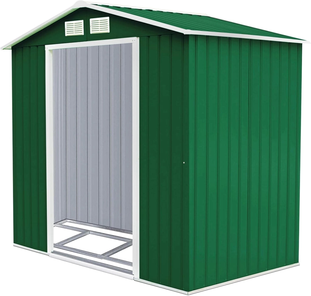 Casetta da Giardino in Acciaio 2,7㎡, con Base, Porte Scorrevoli, Maniglie, Sfoghi e Tettoia, Capanno da Esterno per Giardino, Fattoria e Cortile, 213 x 127 x 185 cm (Verde Scuro)