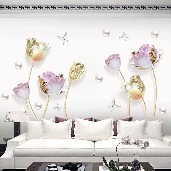 Decorazione per Parete 3D Fiori di Tulipano Giallo - Decorazione per Parete per Salotto - Decorazione per Parete per Camera da Letto - Decorazione per Parete per Camera dei Bambini - Decorazione per Parete per Cucina - Materiale in Vinile Sicuro