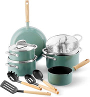 Set di cottura ceramica antiaderente 13 pezzi - Pannini, pentole, set di setole - Maniglie in legno vintage - Senza PFAS - Induzione - Set di pentole in rame blu con maniglie fredde