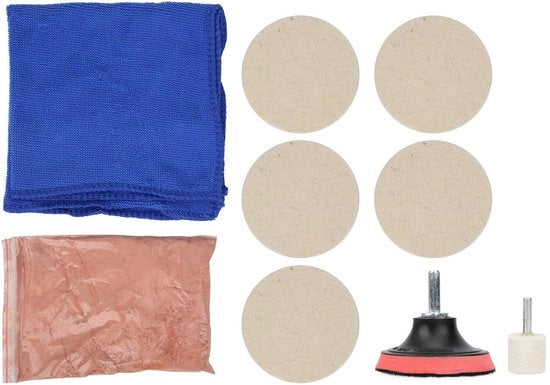 Kit di pulizia vetro 100 g - Set di pulitori vetro - Panno di pulizia velluto - Disco di pulizia - Ruota di pulizia velluto - Asciugamano per vetri auto - Pulente per vetri
