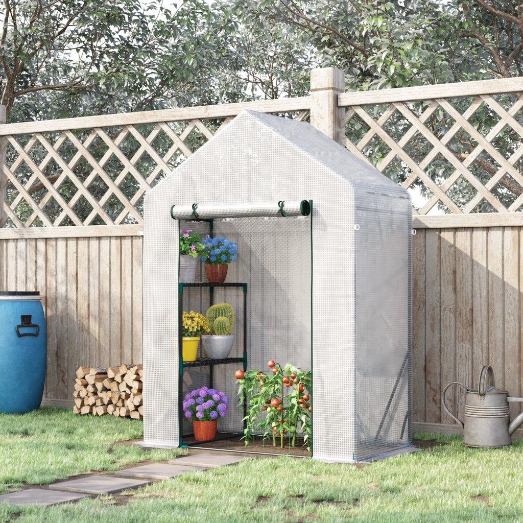 EasyComfort Serra da Giardino in PE e Acciaio per Esterni con 2 Scaffali e Porta Avvolgibile, 143x73x195 cm, Bianco