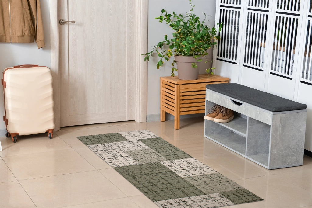 Tappeto Arredo Moderno Morbido in Ciniglia Ingresso Antiscivolo Prodotto Italiano  Soggiorno Camera Salotto Disegni Piazzati Cotone Varie Misure Grande Mondrian/Verde - 65x115 cm