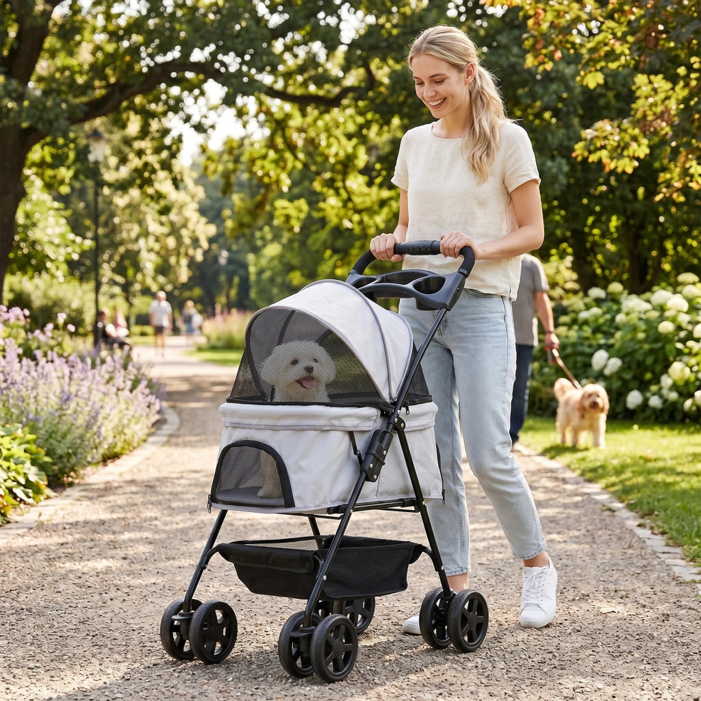 Carrello per Cani Piccoli con Ruote, Cestino e Finestra ¨C Minimal ¨C Grigio 67x45x96 cm