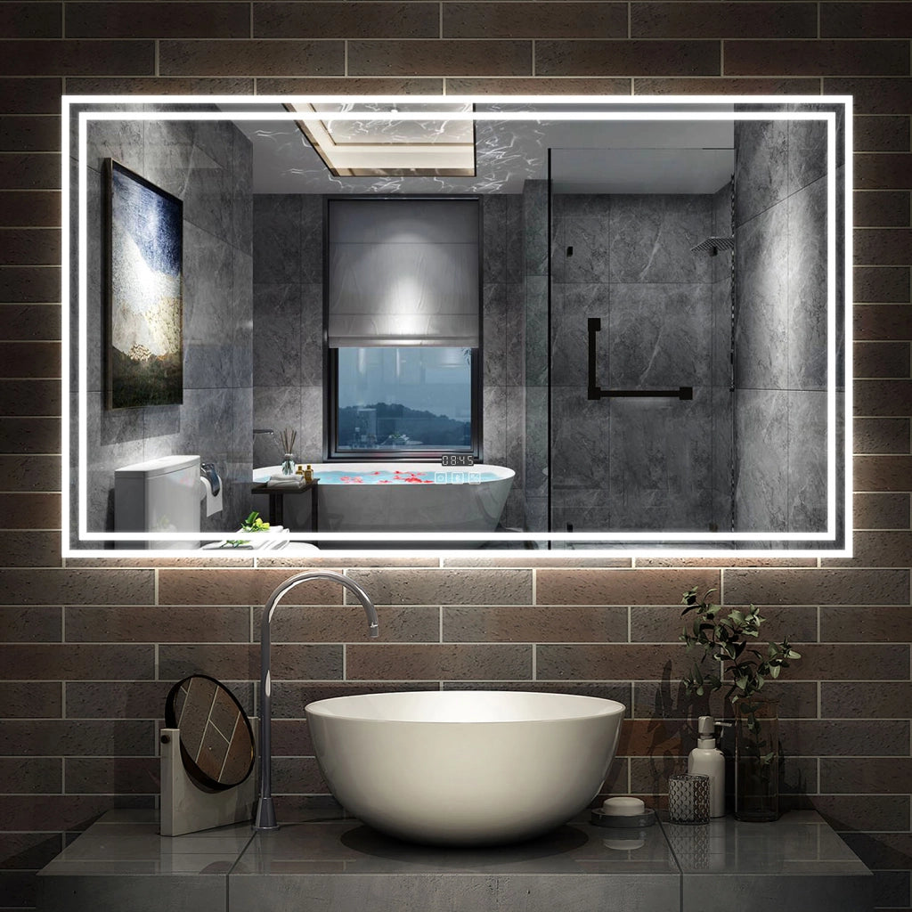 Specchio da bagno a LED, 140x80cm, Disappannamento, orologio, Bluetooth, 3 Temperature di Colore