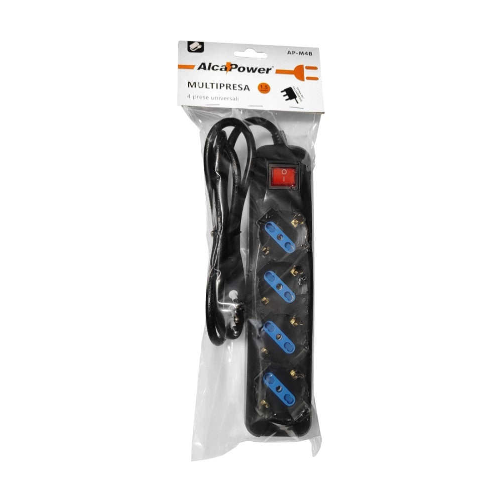 Alca power multipresa nera con 4 prese universali spina a 90° cavo da 1,5mt con interruttore