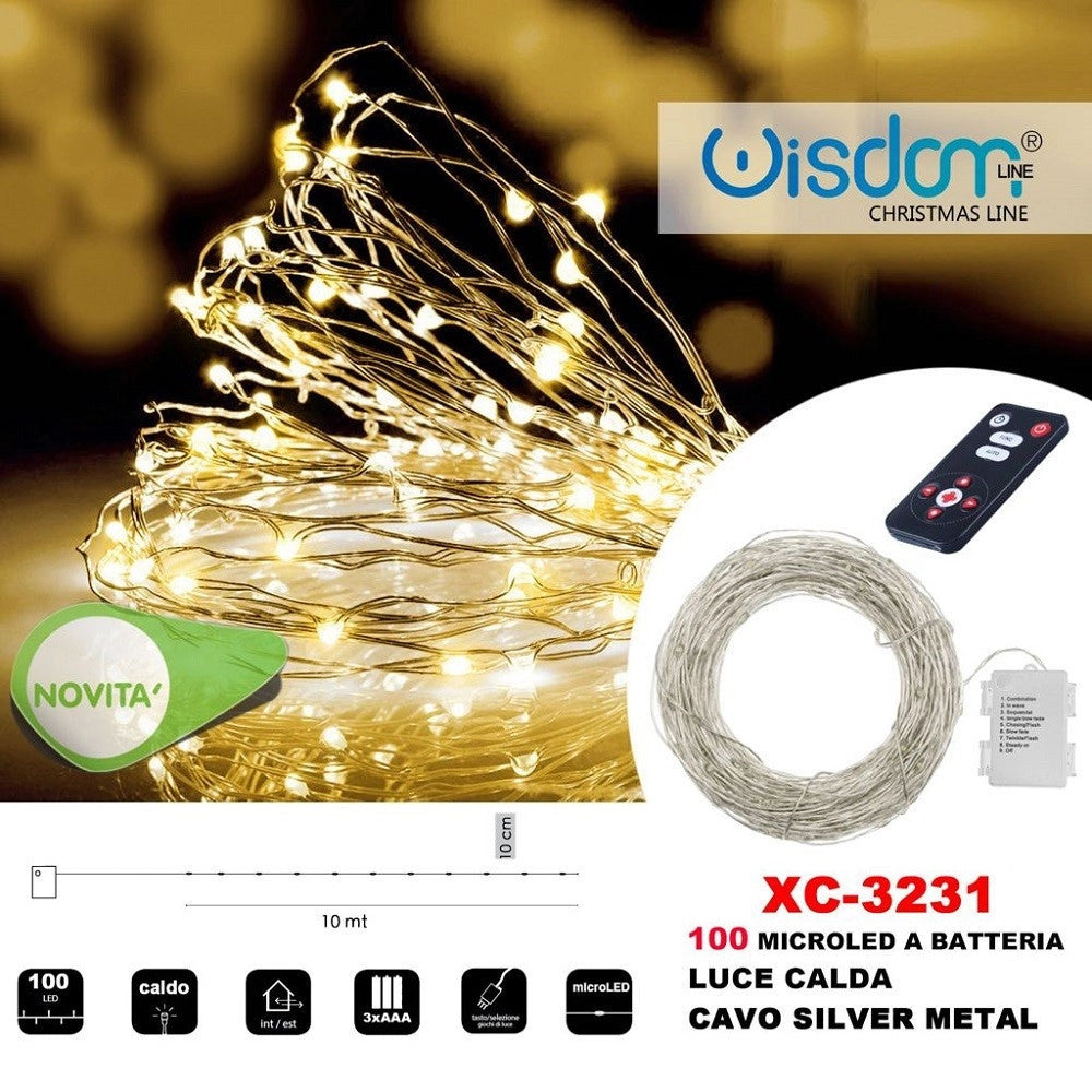 Trade Shop - Catena Luminosa 100 Microled A Batteria Cavo Silver Metal Luce Calda Xc-3231 -
