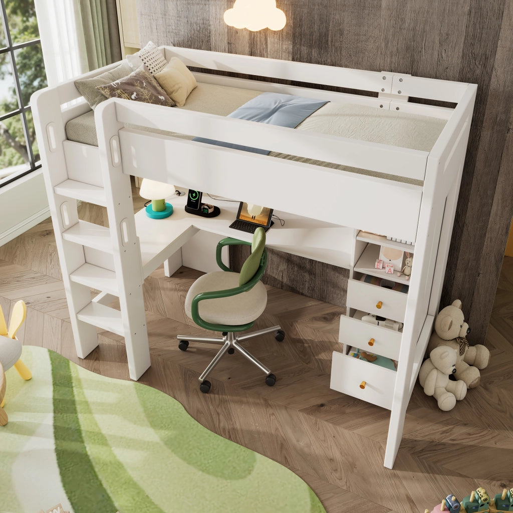 Letto a castello – 90x200 cm – scrivania L USBC ripiani – bianco