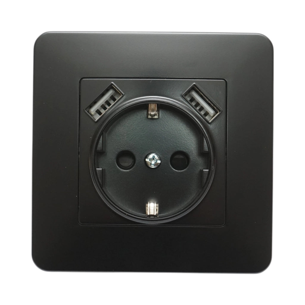 Presa Schuko nera da incasso 220V, 16A, 2xUSB 5V 2.1A, PC 80x80mm