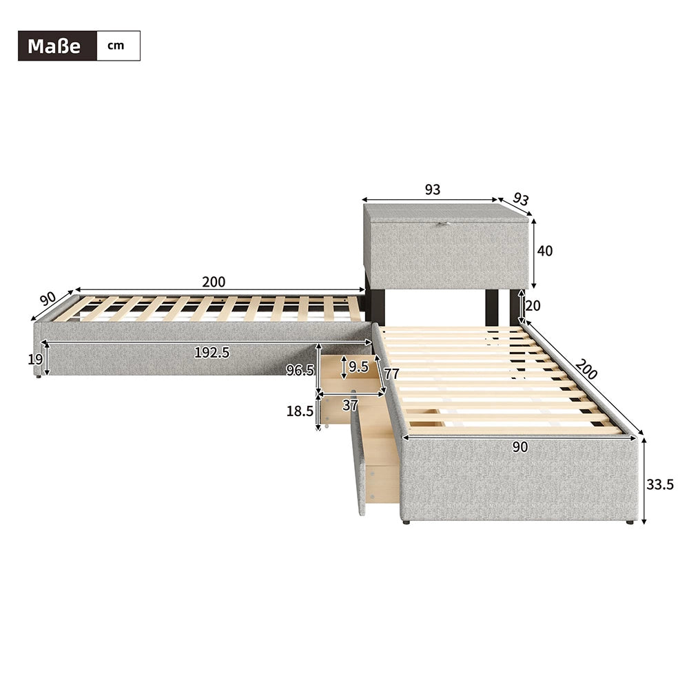 Letto angolare - Xylo - 90x200 cm gigogne lino grigio
