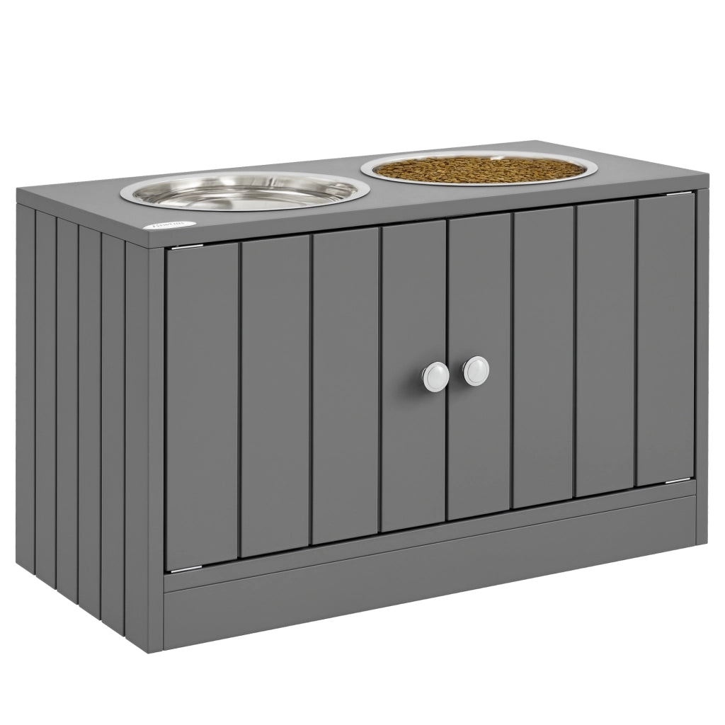 Ciotole rialzate per cani grandi con contenitore 44L ¨C Xylo ¨C 2 ciotole inox, ante magnetiche, grigio